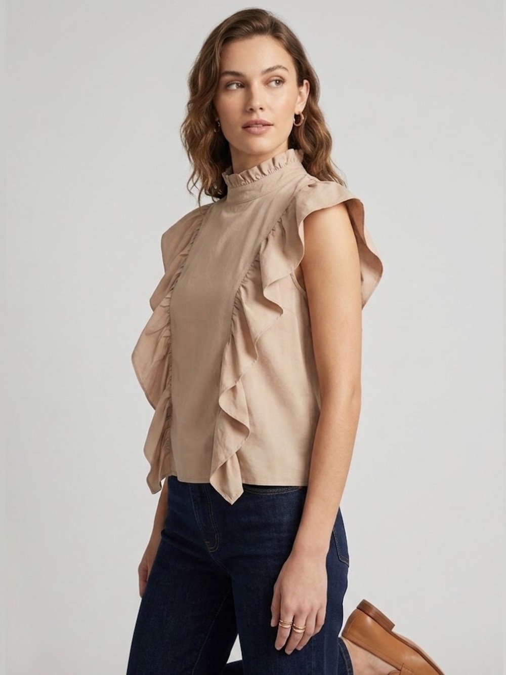 DELUC Ruffled Tan Women’s Top, size medium, sleeveless brown blouse high neck